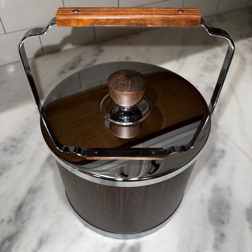 Vintage MCM Atapco Faux Wood Grain & Chrome Ice Bucket - Picture 2 of 7